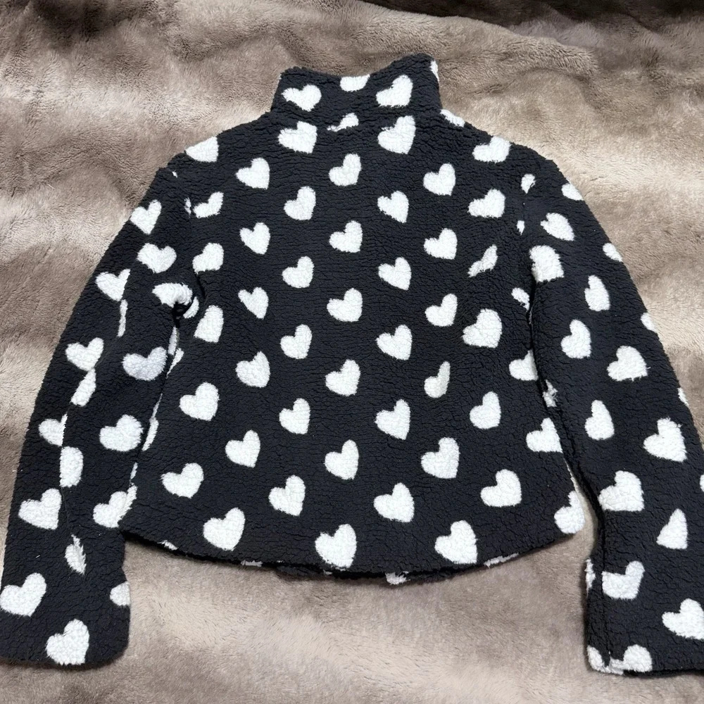 Love Squared Girls Black and White Heart Print Sherpa Snap-Front Fleece‎ Jacket